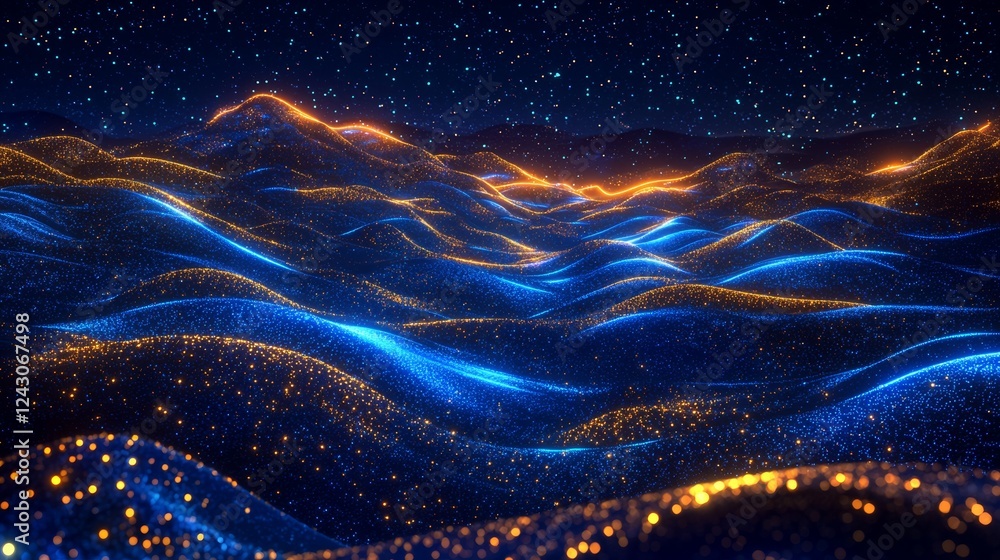 Poster a digital abstract wave background in blue, adorned with golden particles, showcasing a high-tech, f