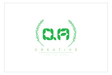 QA letters eco logo with leaf. Fresh nature and healthy leaf logo design.