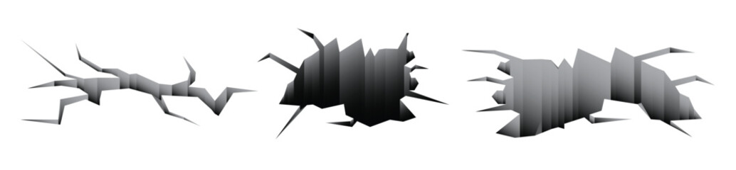 Set illustration of abstract cracked surface graphics with sharp edges and a metallic gradient style, perfect for design projects, backgrounds, or visual effects. The cracks create a modern, dynamic