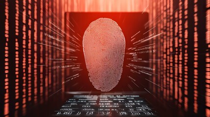 A laptop screen displays a large, glowing fingerprint superimposed over rapidly scrolling lines of red code, suggesting a digital security or biometric authentication concept.