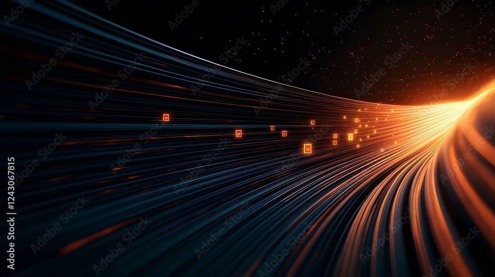 Poster the image shows a dark, abstract background with streaks of light resembling data streams or fiber o