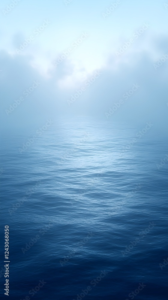 Poster a serene view of rippling waters appearing calm and tranquil under a soft blue sky, with mist gently