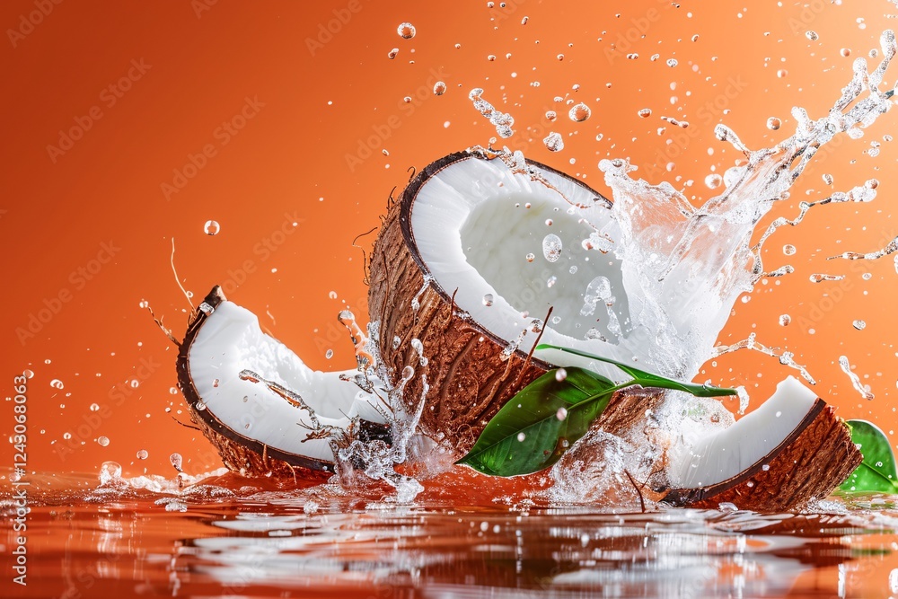 Poster coconut splashing in water with an orange backdrop