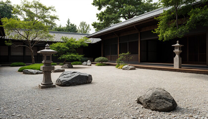 Fototapeta premium Peaceful Zen Garden with Raked Gravel and Stone Lanterns
