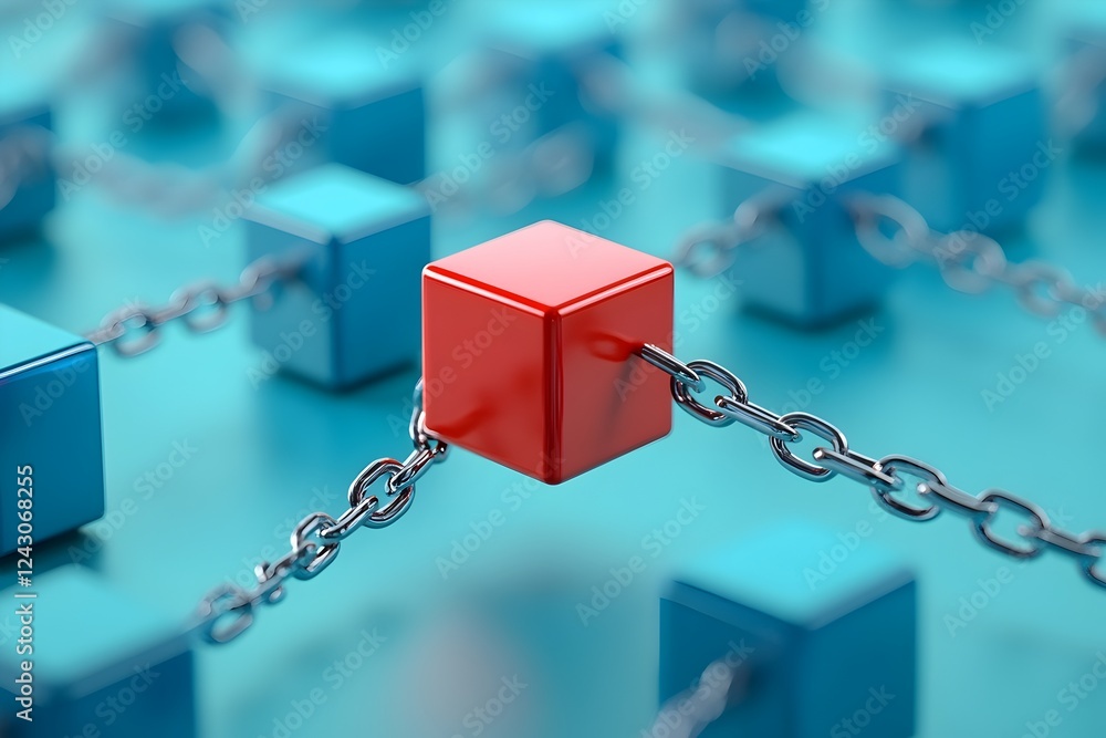 Poster abstract red cube linked by chains to blue cubes network connection technology digital 3d render shi