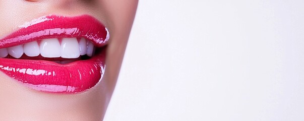 Obraz premium A close-up of beautifully defined lips, adorned with glossy red lipstick, showcasing a bright, confident smile against a clean background.