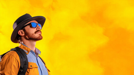 fearless adventurer gazes upward, wearing sunglasses and hat against vibrant yellow background. His expression reflects determination and curiosity