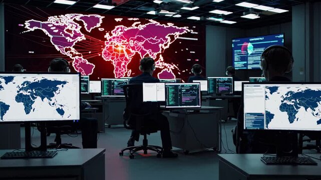 Team collaborates in a high-tech control room focused on global cybersecurity operations and threat analysis