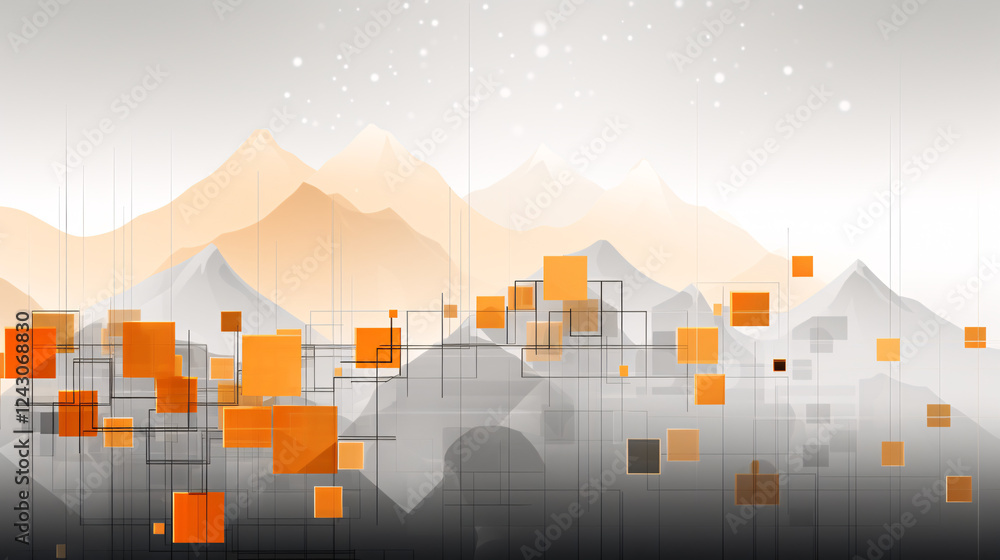 Poster abstract composition of floating orange cubes on a white background, perfect for technology presenta