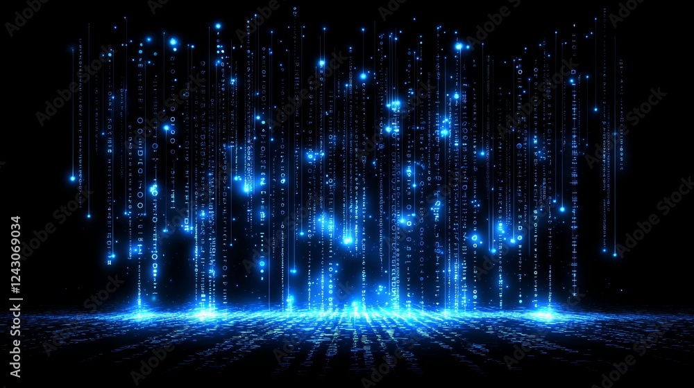 Poster an abstract background with blue binary code and light trails on a black background, illustrating th