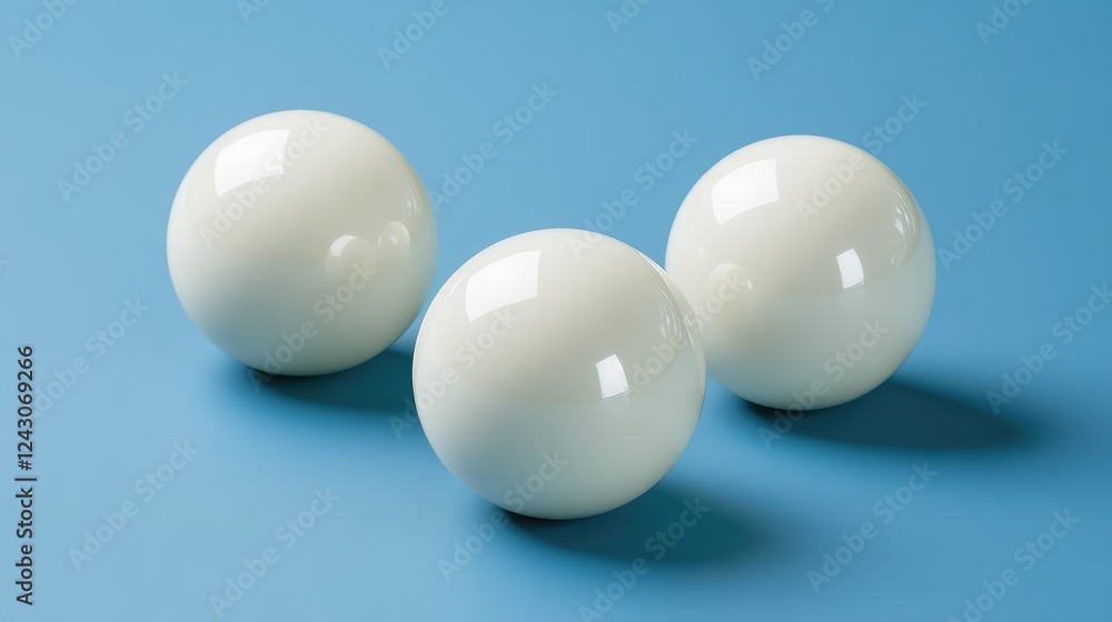 Poster a set of three white billiard balls arranged in a triangular formation on a smooth blue table, sleek