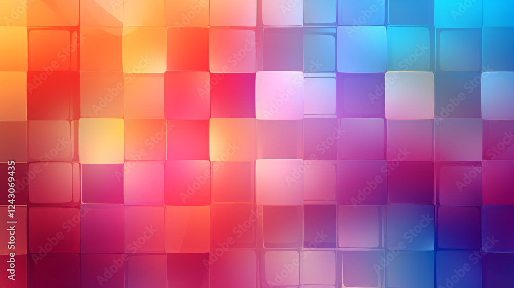 Poster Abstract digital art background with colorful squares in blue, pink, yellow, and transparent cubes, ideal for displays.


