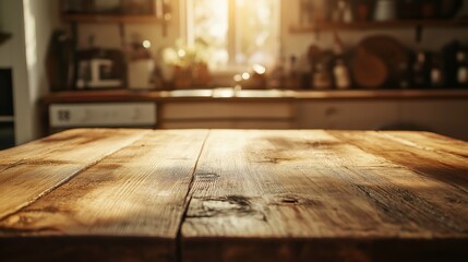 Empty wooden table top with blurred kitchen interior background