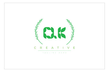 QK letters eco logo with leaf. Fresh nature and healthy leaf logo design.