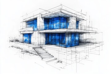 From a construction viewpoint, modern buildings designed with intricate perspectives, presented as sketch lines on a white background