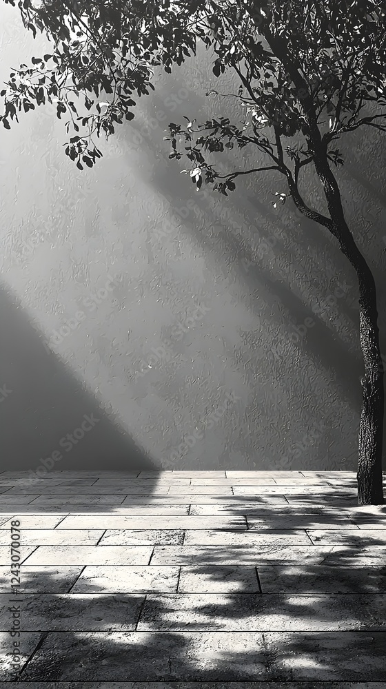 Poster a serene black and white image showcasing a lone tree casting shadows on a textured wall, evoking a 