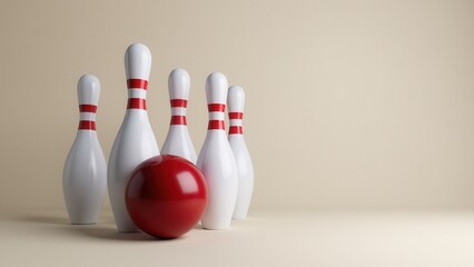 A red bowling ball is positioned in front of five white bowling pins with red stripes, ready for a strike.