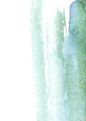 Green blue watercolor background, paint stain on a white