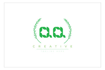 QQ letters eco logo with leaf. Fresh nature and healthy leaf logo design.