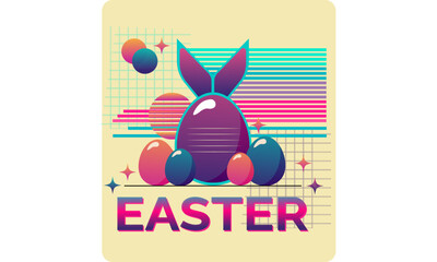 happy easter card with bunny A vibrant vintage-style Easter poster inspired by the 1980s. The design features a bold and energetic color palette with neon pinks, electric blues, and pastel purples. 