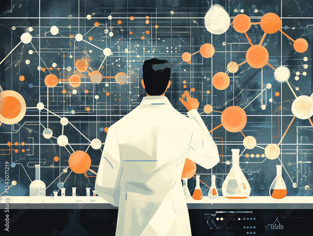 Poster scientist in lab coat examines complex chemical structures and data on digital screen, surrounded by