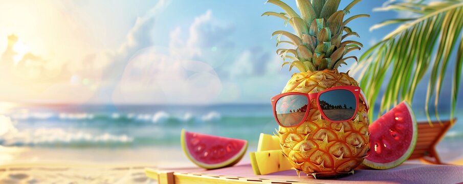 Pineapple with sunglasses basking in the summer sun next to watermelon slices on a beach