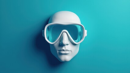 A white mannequin head wearing a white diving mask against a turquoise background.
