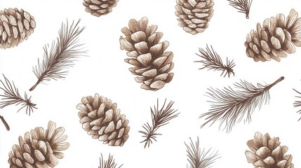 Hand-drawn pinecones and branches pattern, intricate design, transparent background, ideal for various creative projects, nature-inspired decor.