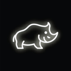Glowing white neon sign showing a cartoon rhino on a black background