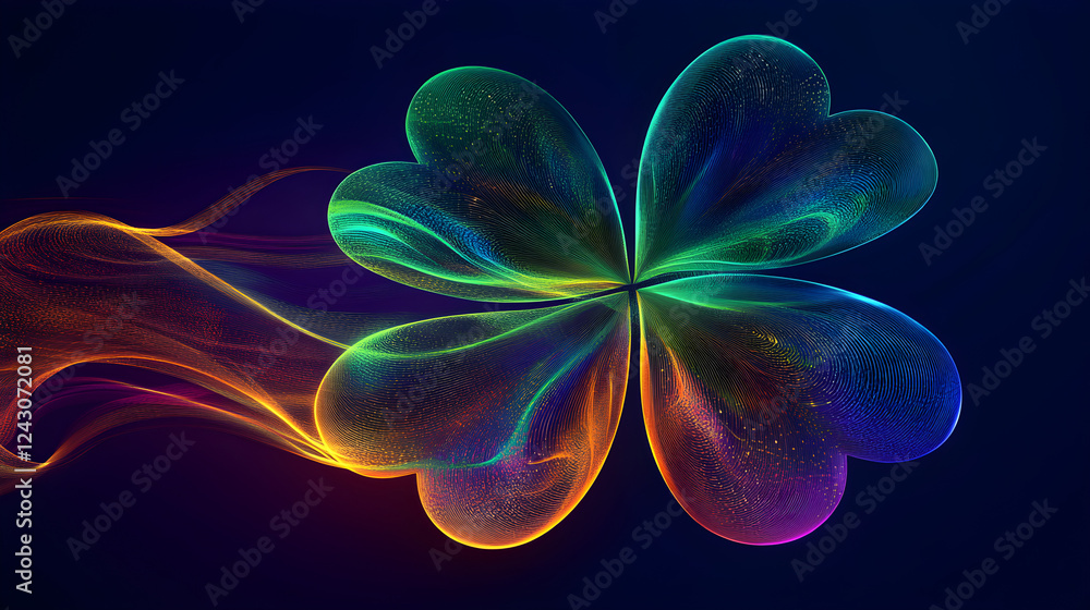 Poster abstract shamrock made entirely of flowing rainbow lines with hints of gold