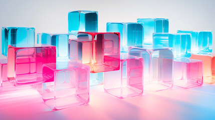 An abstract background with transparent glass cubes and colorful cubes, set against a white glowing background.

