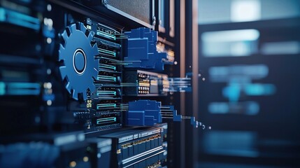 Obraz premium Glowing Blue Gear in Server Rack