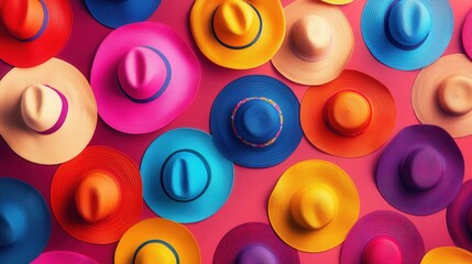 Vibrant hats in playful patterns, diverse colors, casual arrangement, suitable for graphic design or digital projects