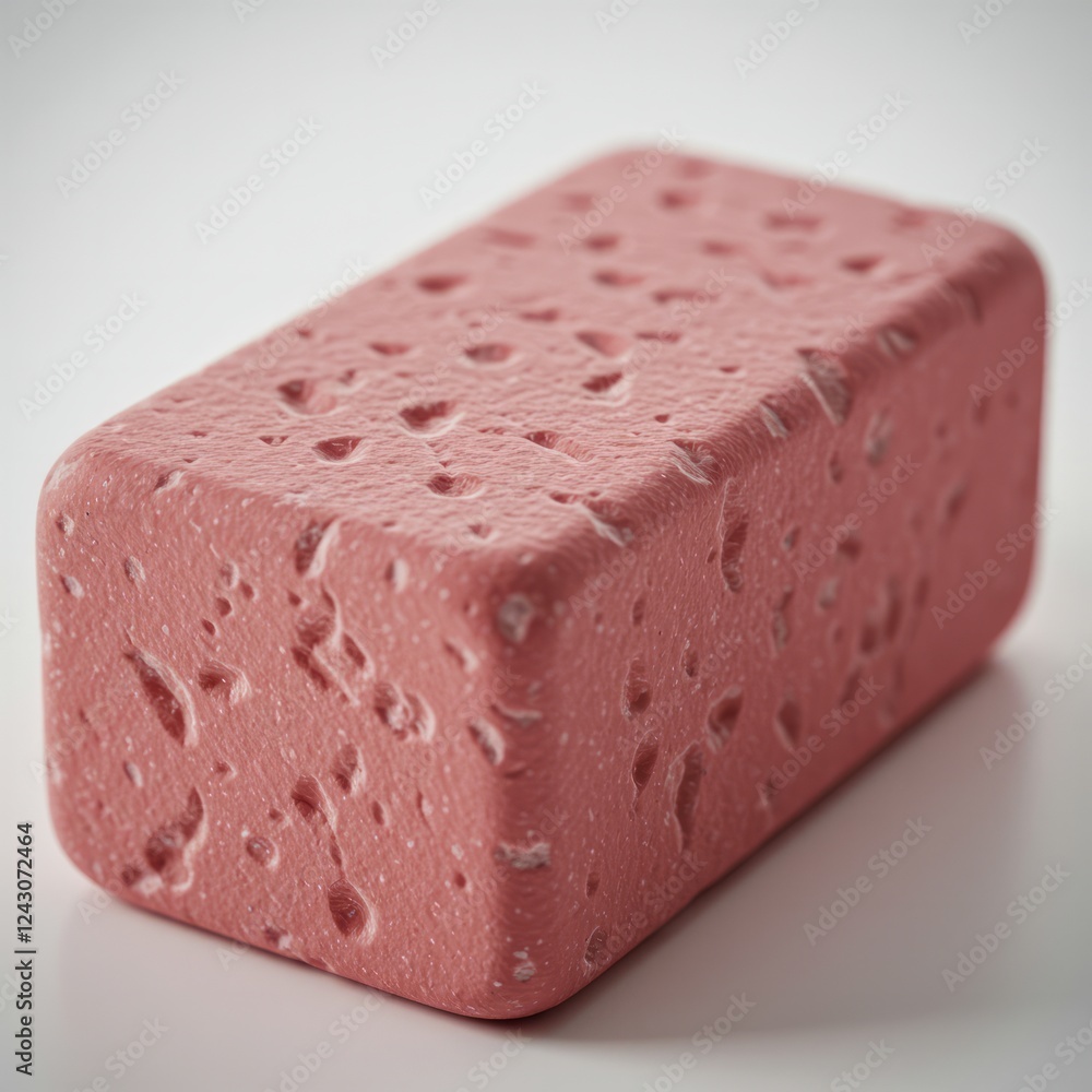 Poster closeup of a textured pink rectangular object resembling a porous stone or sponge, studio shot on wh