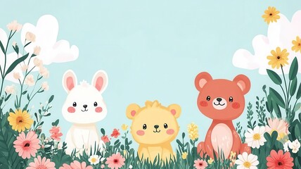 Whimsical baby shower invitation with cute animal illustrations flat design front view joyful theme cartoon drawing Split-complementary color scheme