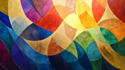 Fototapeta premium Geometric curves in rainbow shades blending with gold accents and a tiny shamrock