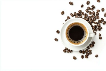 Flat lay high angle shot of a coffee cup and some roasted coffee beans, with copy space, white background.