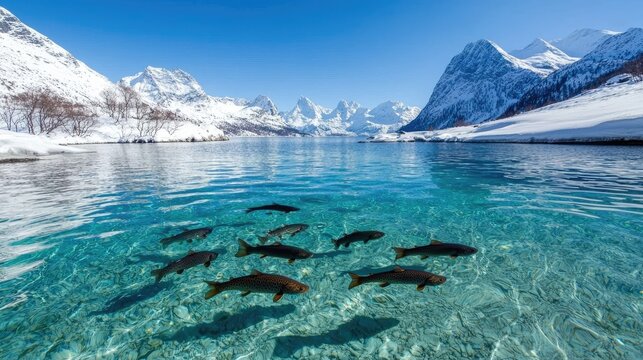 Arctic char swimming in crystal clear water, snowy mountains background; nature scene