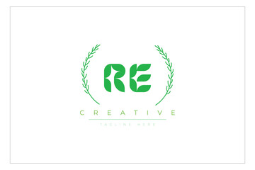 RE letters eco logo with leaf. Fresh nature and healthy leaf logo design.