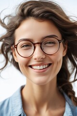 Obraz premium smiling woman with glasses and a blue shirt on