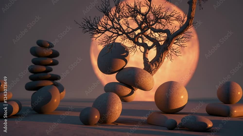 Aufkleber stacked stone blocks and orbs around a delicate tree against a huge orange sun.