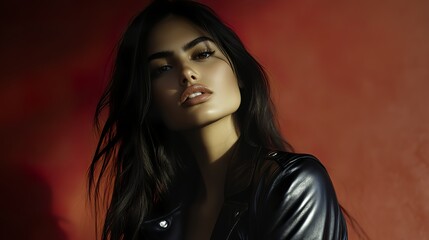 Fototapeta premium Confident woman in black leather jacket, soft light, blurred red background. Bold style meets effortless elegance.