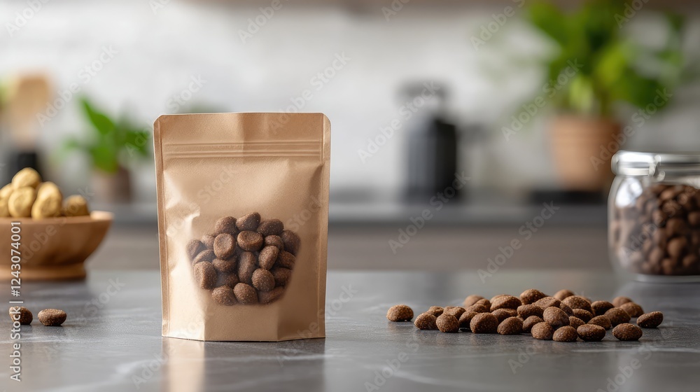 Poster a small dog treat bag placed on a countertop with ample space in the background for creative element