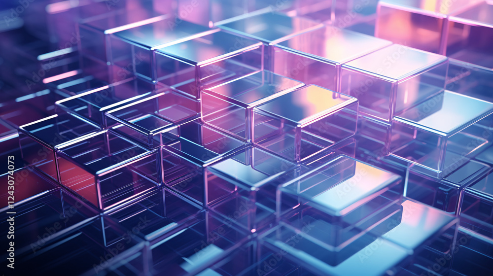 Poster an abstract isometric modern illustration of digital blocks on a purple background, ideal for techno