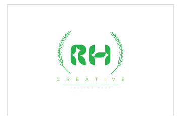 RH letters eco logo with leaf. Fresh nature and healthy leaf logo design.