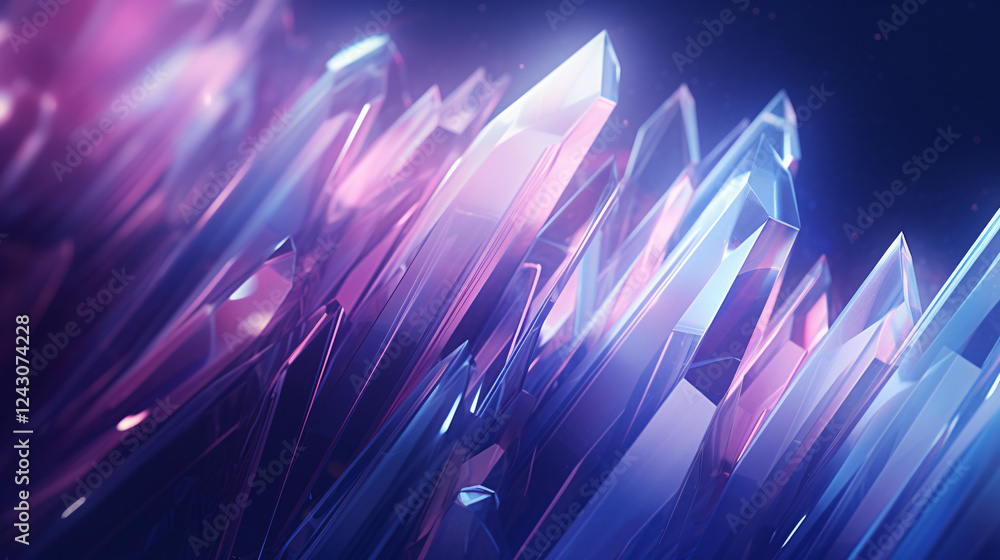 Poster An abstract minimal design featuring crystal formations with data streams, set against a purple background.

