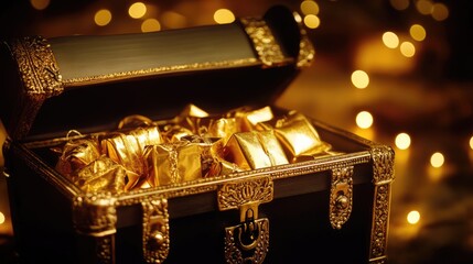 An ornate treasure chest filled with surprise gifts, glowing softly under warm lighting.