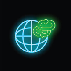 Glowing neon icon featuring interconnected lines forming a globe, symbolizing global connectivity and digital networking