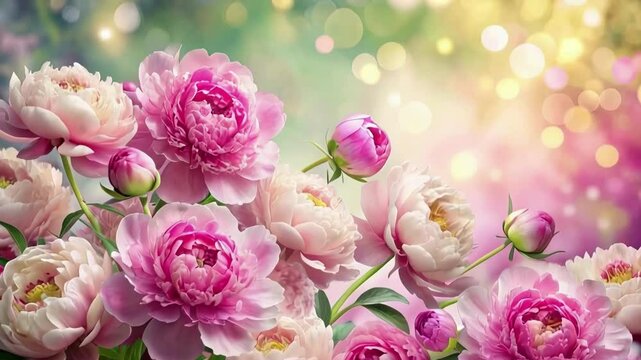 Tender peonies on pink background with copy space. Abstract natural floral frame layout with text space. Romantic feminine composition. Wedding invitation. International Women day, Mother Day concept