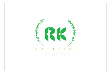 RK letters eco logo with leaf. Fresh nature and healthy leaf logo design.